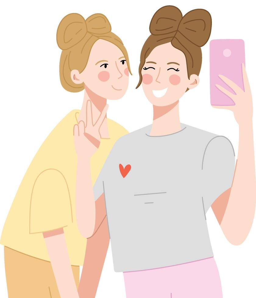 Two cute girl friends take a picture. Characters. vector