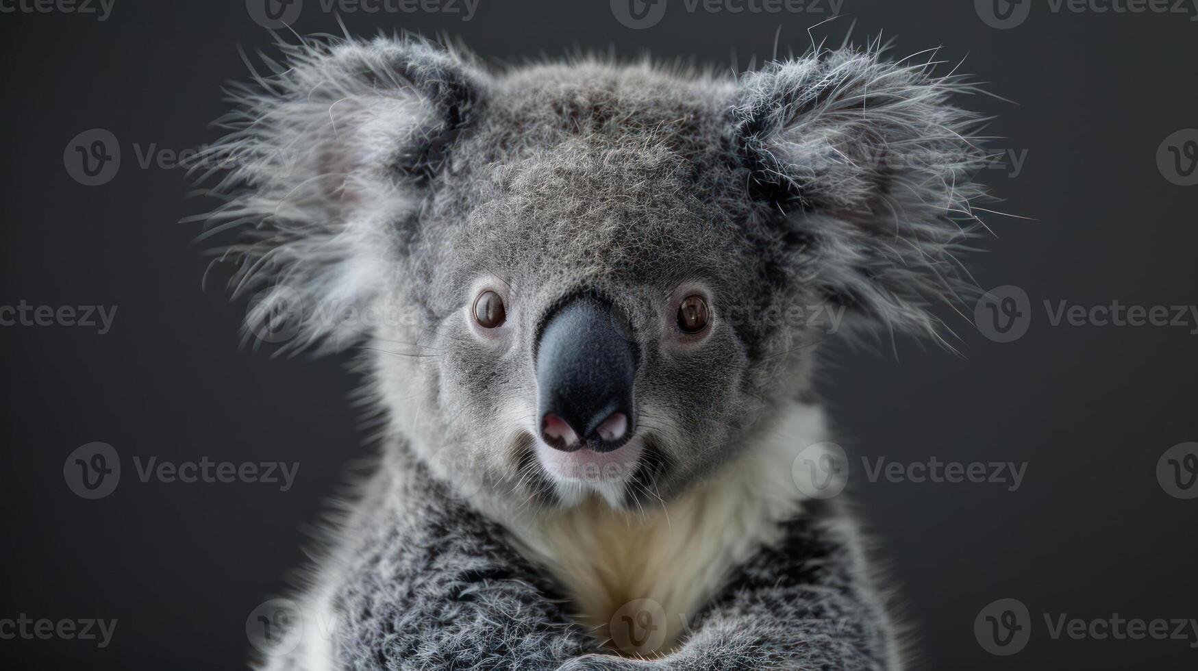 A close-up of a Koala's face, showing its eyes, nose and mouth with the background blurred. photo