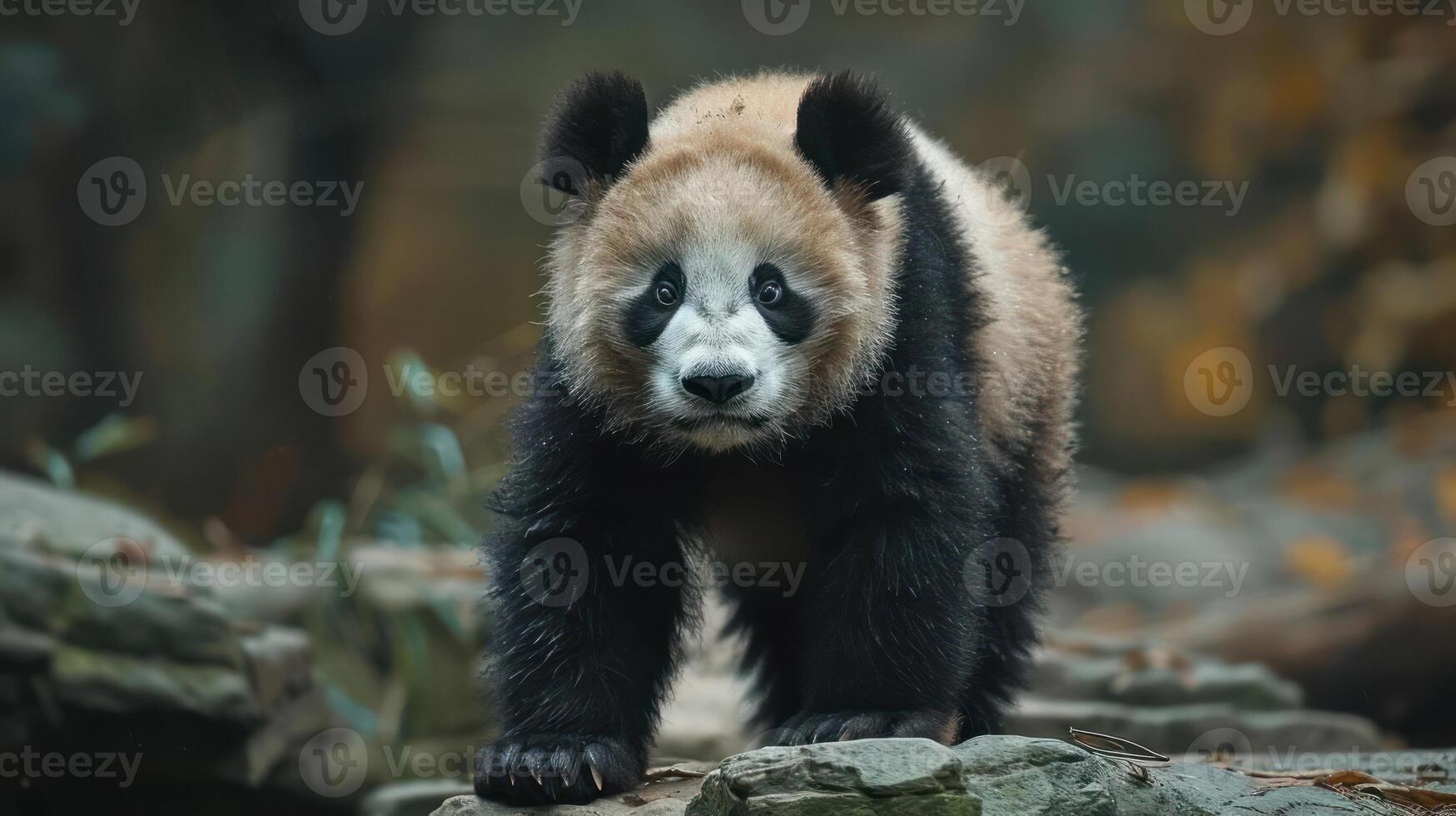 A small, adorable panda cub is exploring the woods, with trees and rocks forming a scenic backdrop. photo