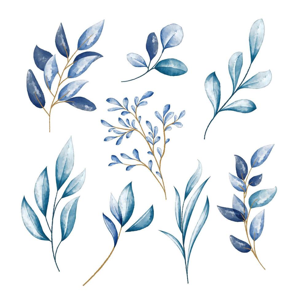 Watercolor foliage branches with leaves, isolated elements on white background. vector
