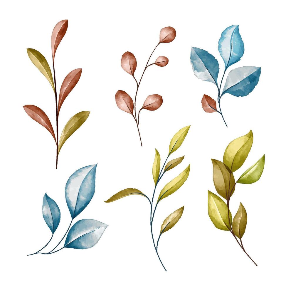 Watercolor branches with leaves, isolated fall season decor elements on white background. vector