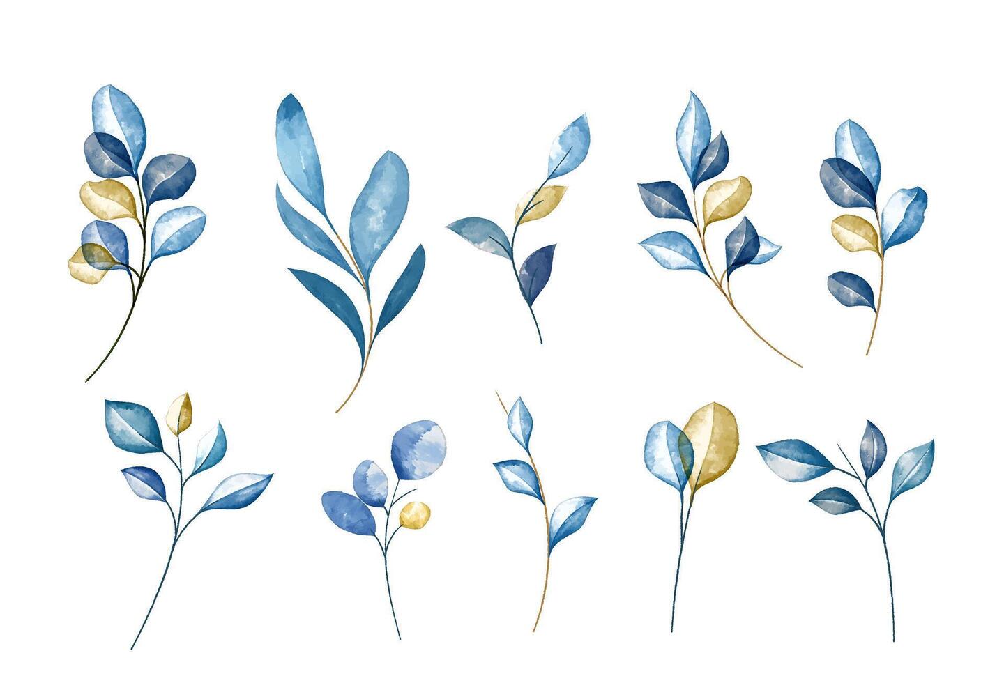 Watercolor foliage branches with leaves, isolated elements on white background. vector