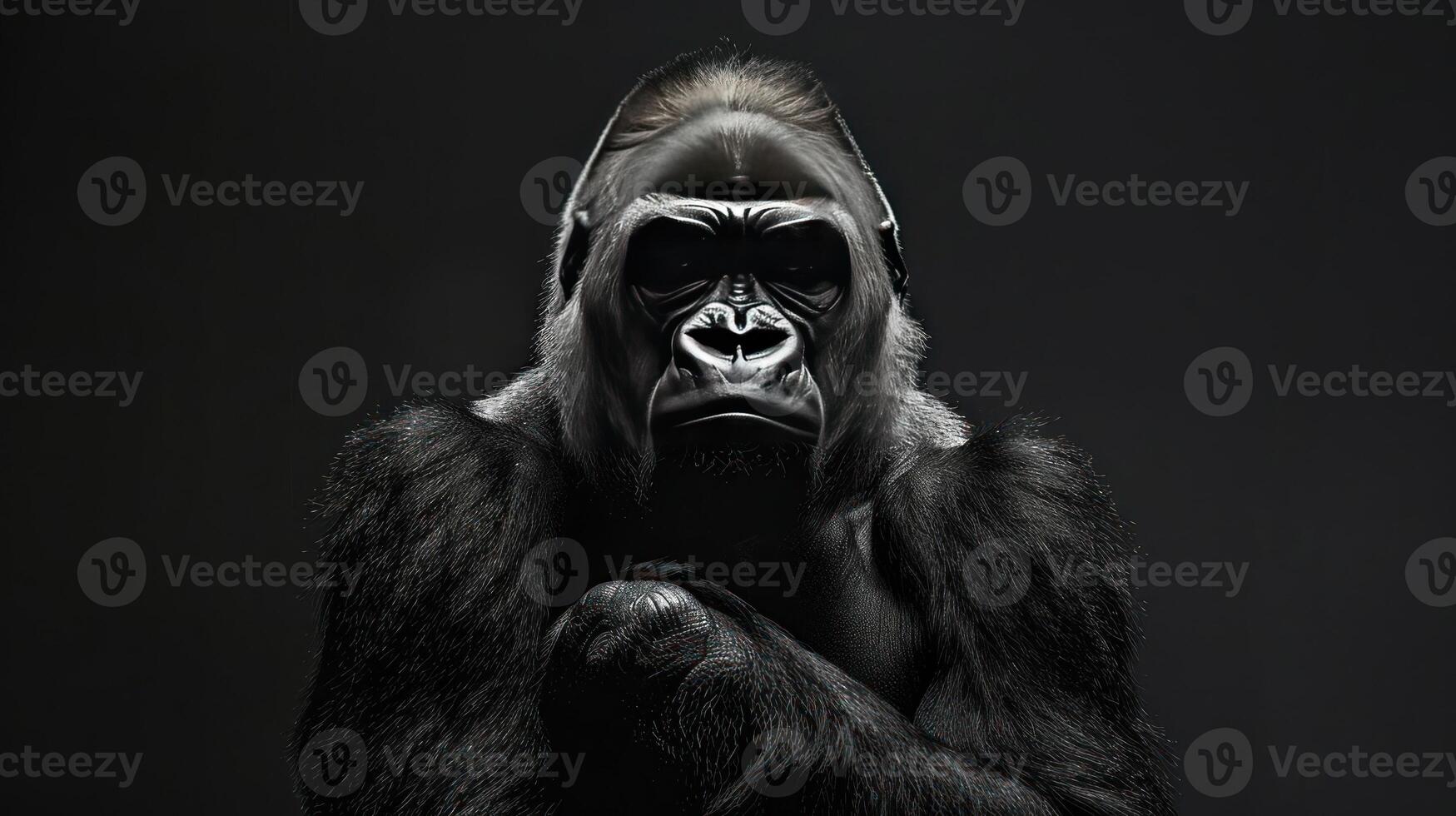A monkey wearing headphones and sitting, possibly in a DJ-like pose, looking relaxed. photo
