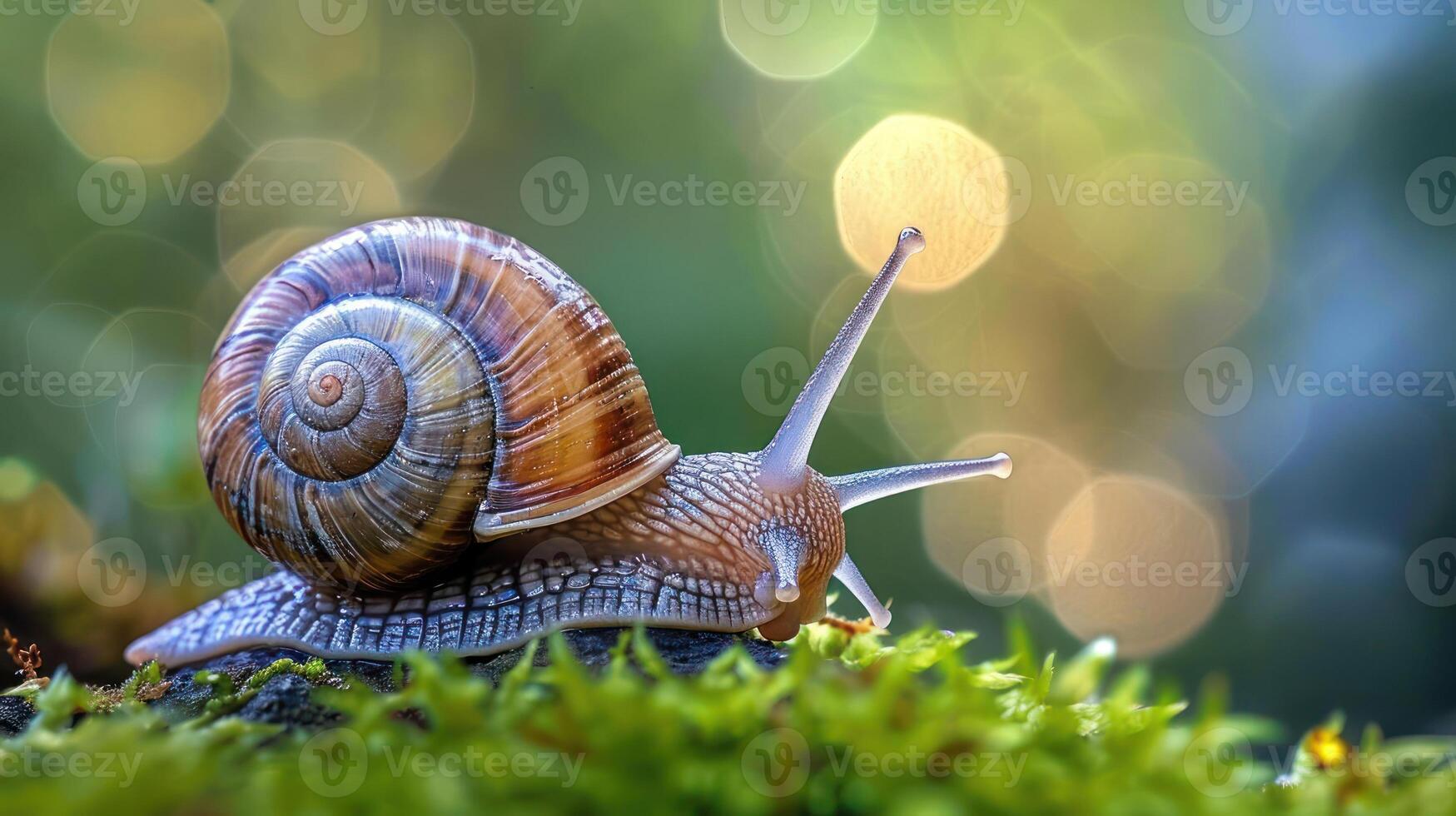 A tiny snail crawling along a leaf covered in moss. photo
