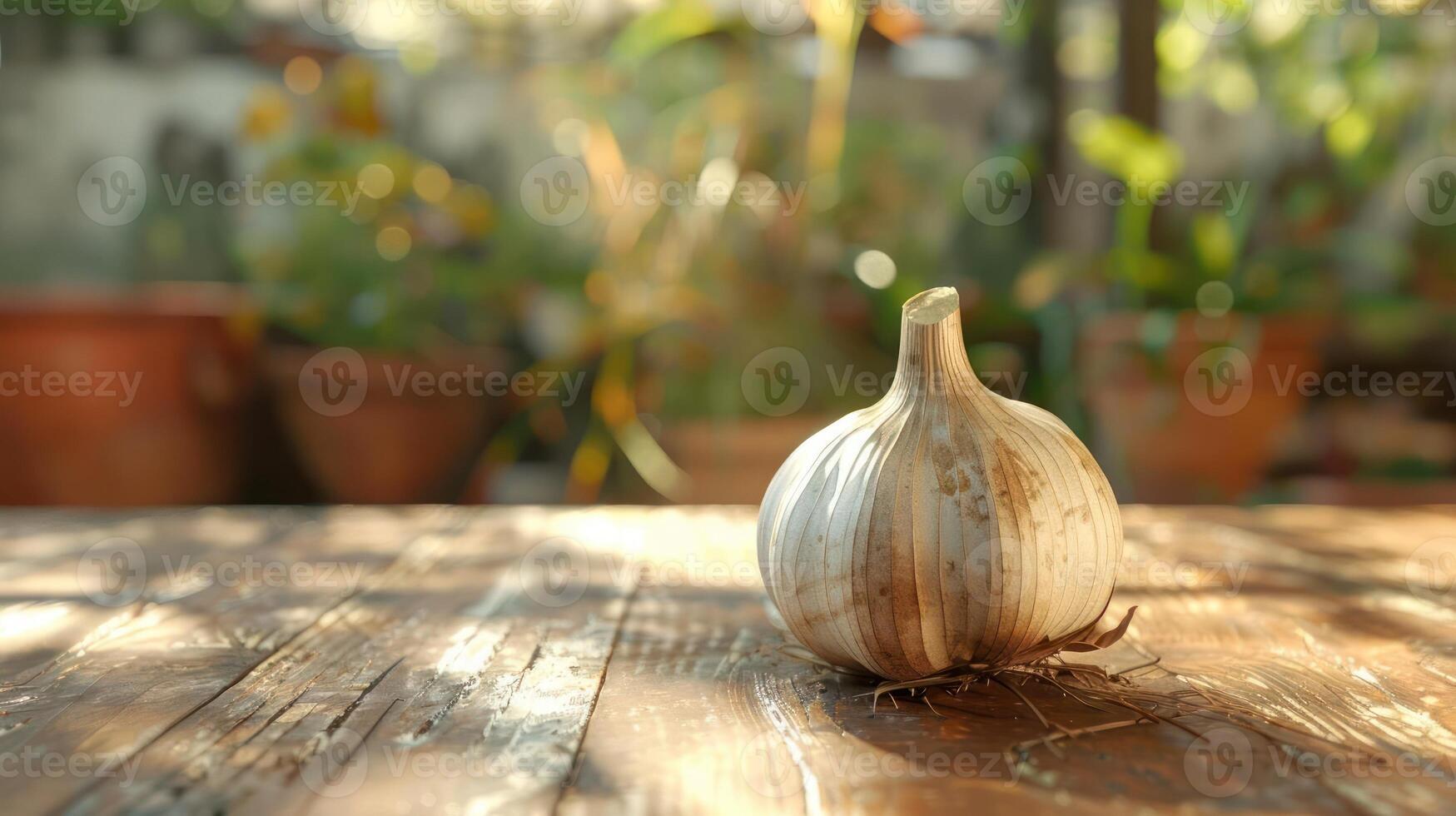 a garlic on a wooden table with potted plants in t photo