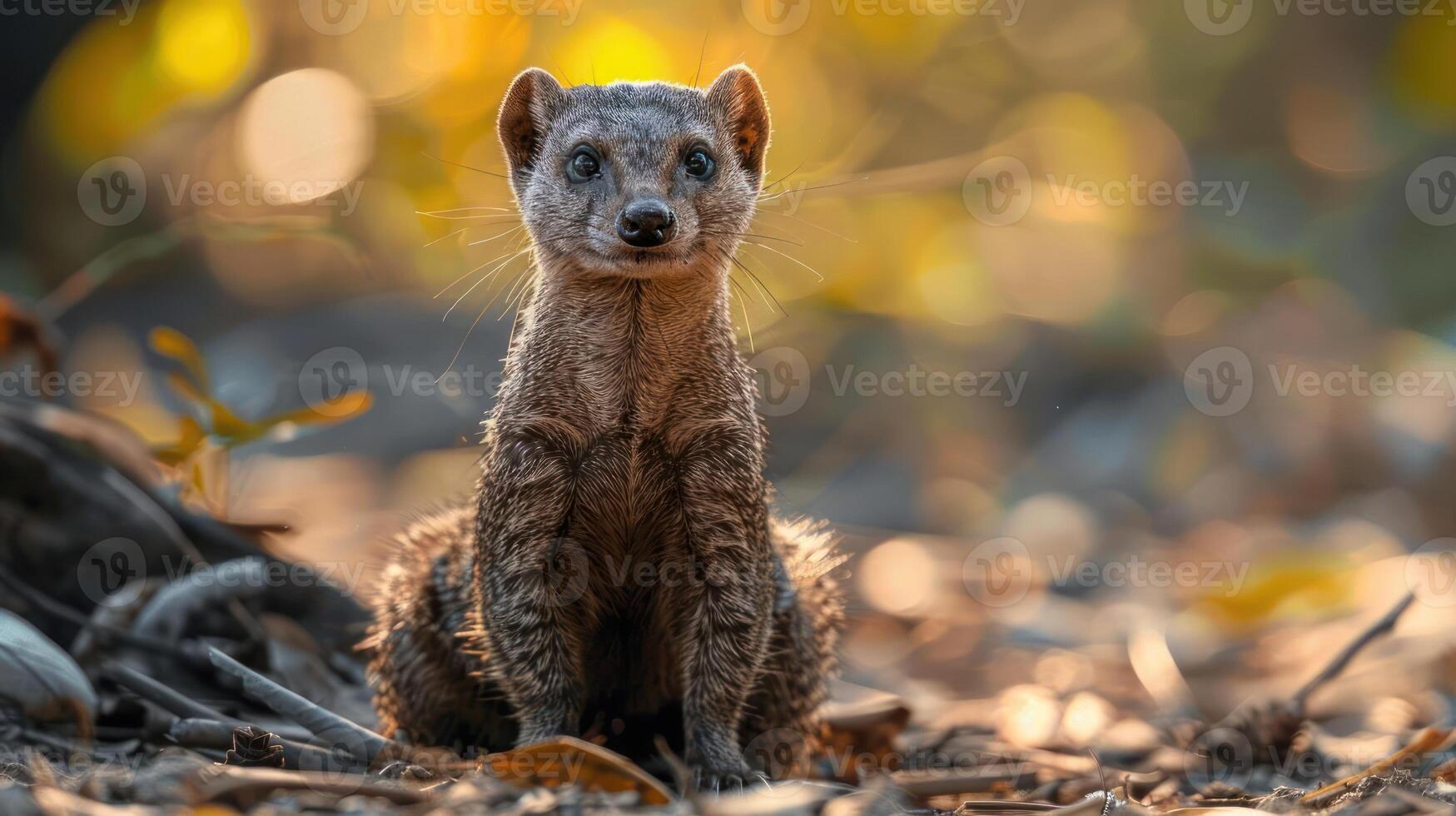A small coyote cub curiously observes its surroundings with bright light and soft focus background. photo