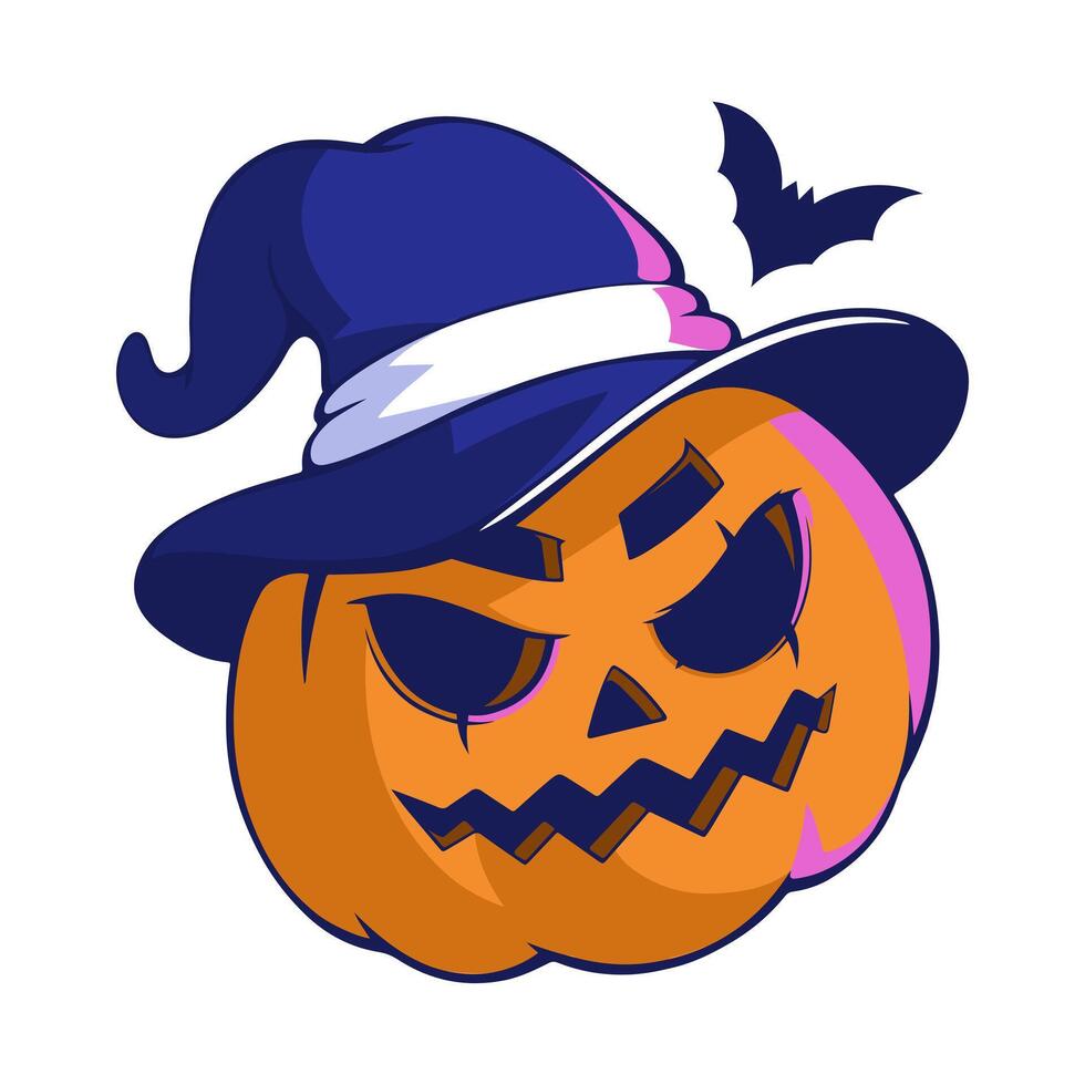 Sticker, patches, labels, tags, stamps with cute jack o lantern pumpkin monsters. Witch hat and bat. Happy Halloween. vector
