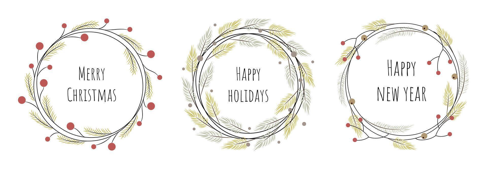 A set of New Year's wreaths from Christmas tree branches. Round frame with place for text. Merry Christmas. Happy holidays. Minimalistic illustration. vector