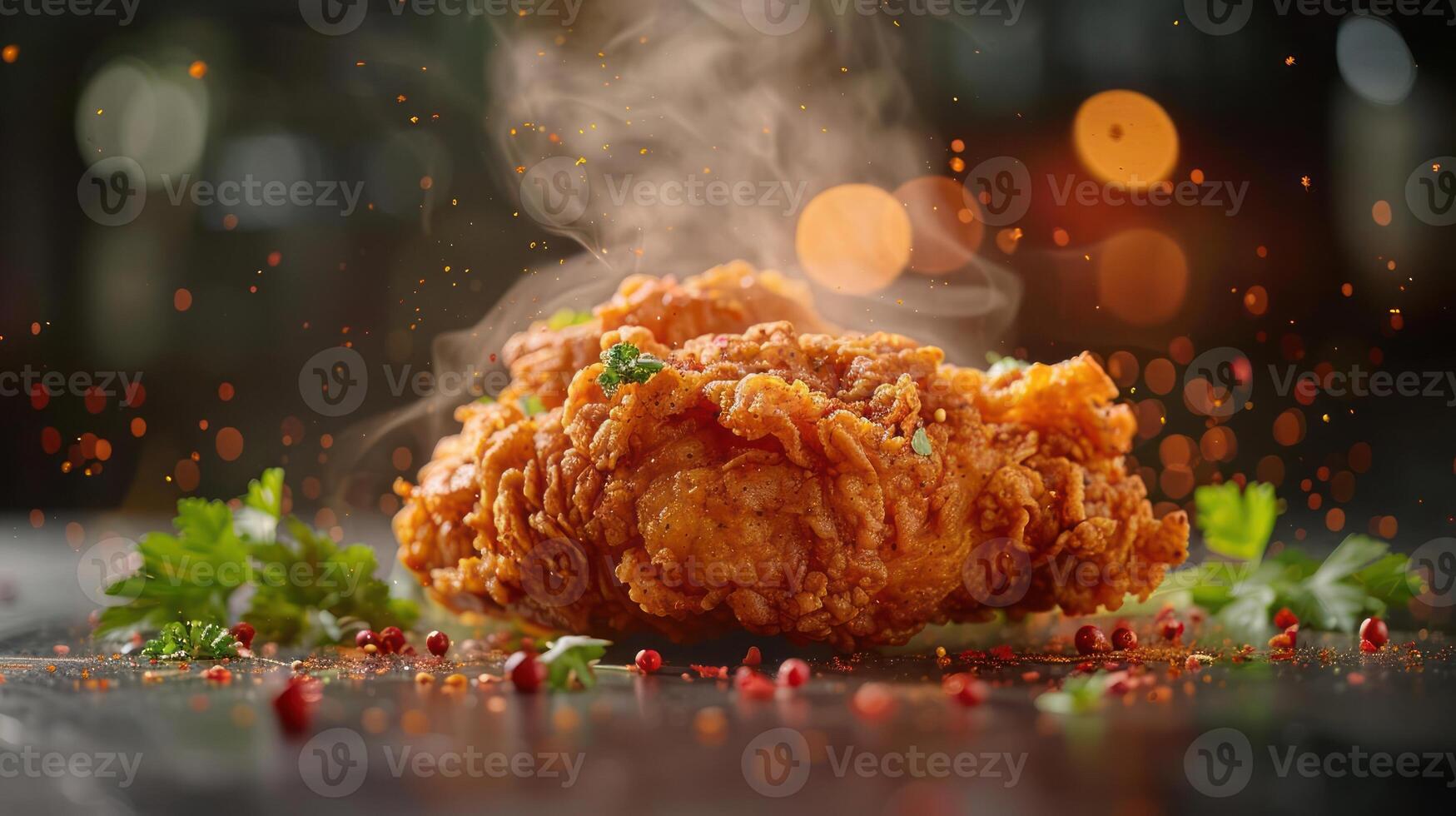 a fried chicken on a plate with a sprinkle of pars photo