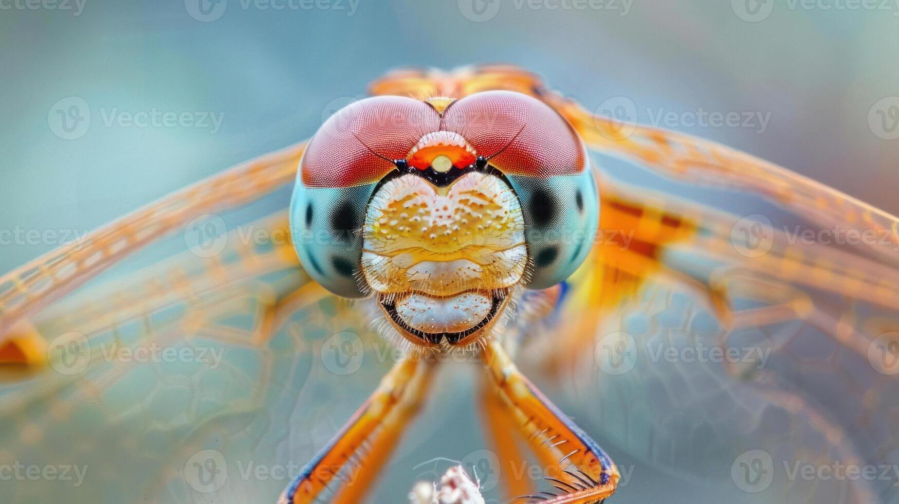 A vividly colored red-tailed blue dragonfly is captured in a detailed close-up shot, photo