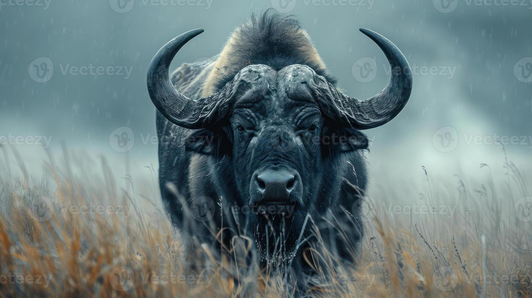 A bison standing in a snowstorm with large horns and a majestic presence. photo