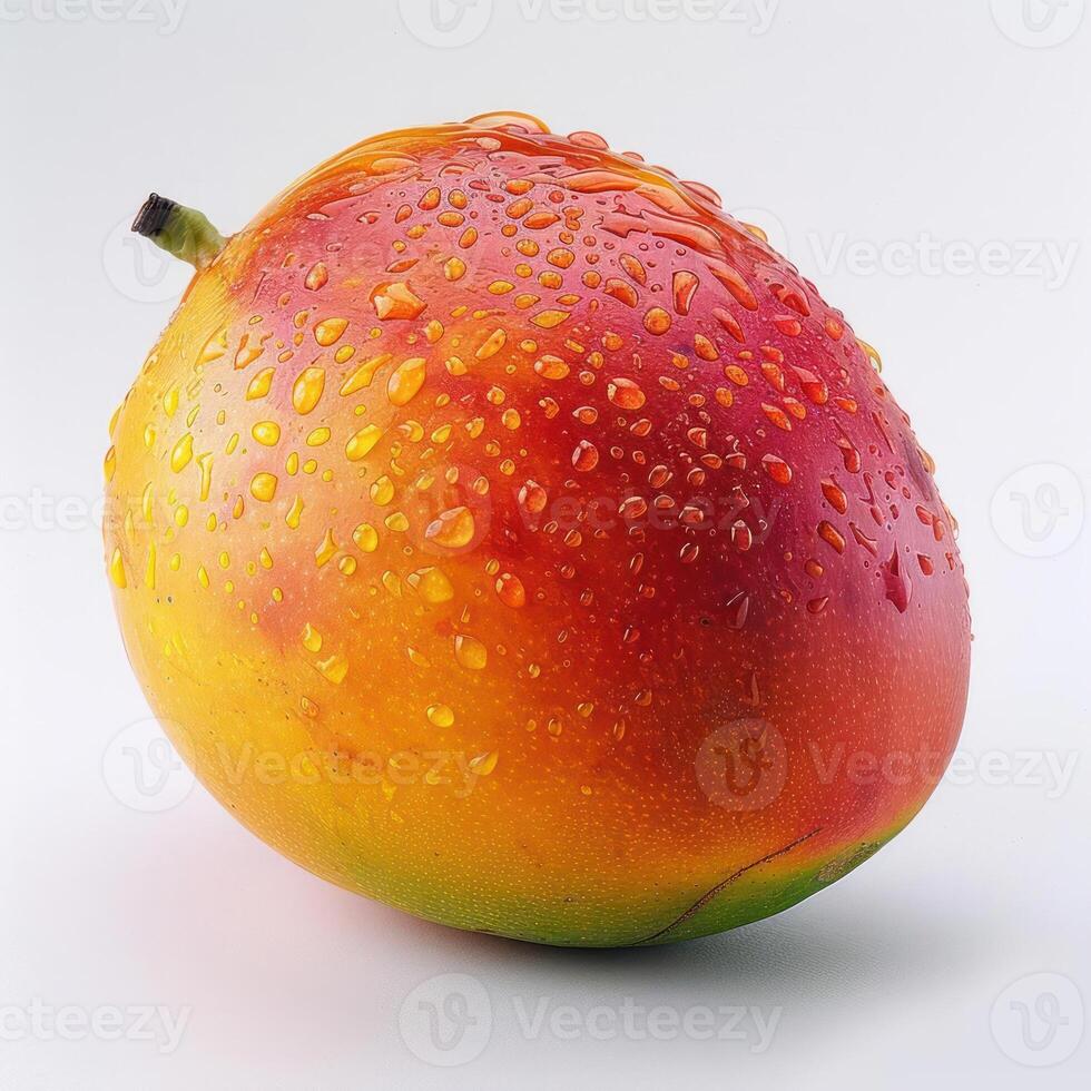 araffy mango with water droplets on it on a white photo