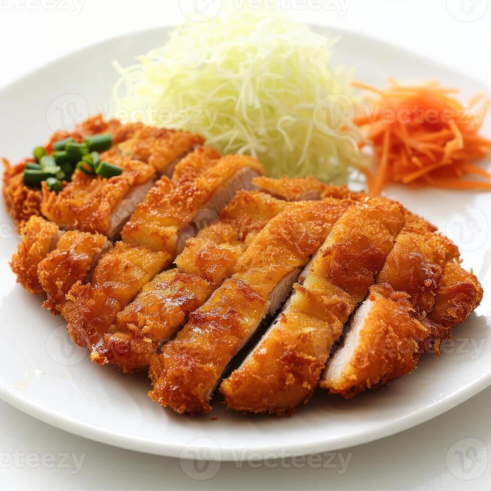 a plate of chicken and vegetables on a white table photo
