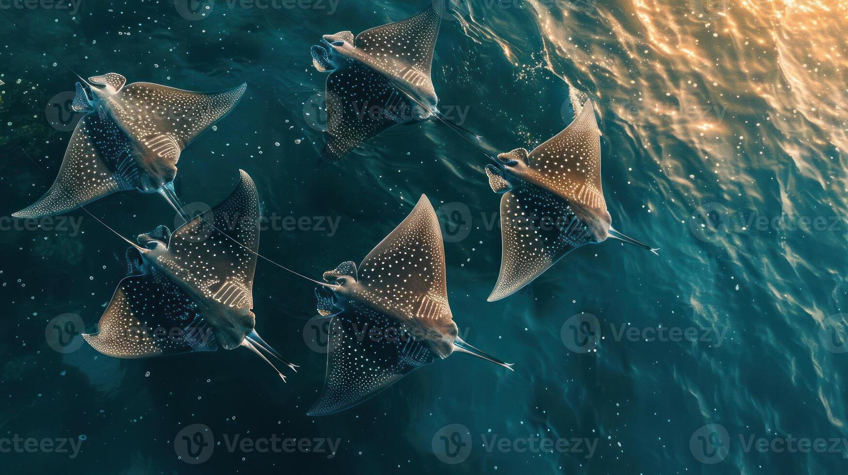 A group of flying rays or stingrays flying over clear blue waters with a few dolphins in the backgro photo