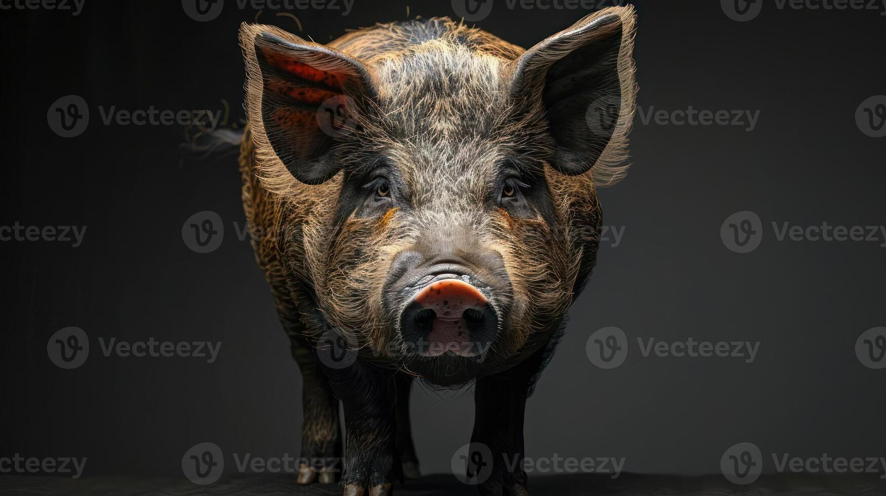 Cute piggy with a vibrant pink coat, standing on all fours and looking to the side. photo