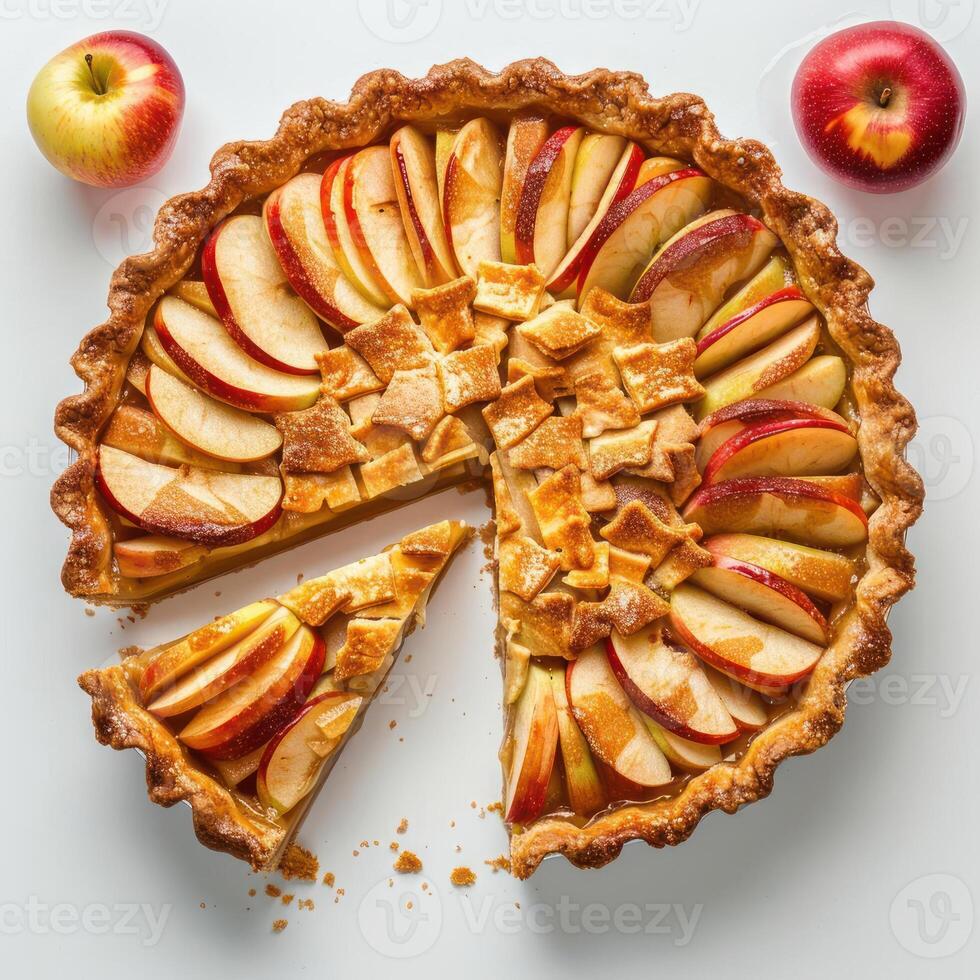a pie with apples and a slice missing photo
