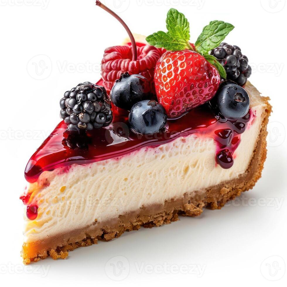 a piece of cheesecake with berries and blueberries photo