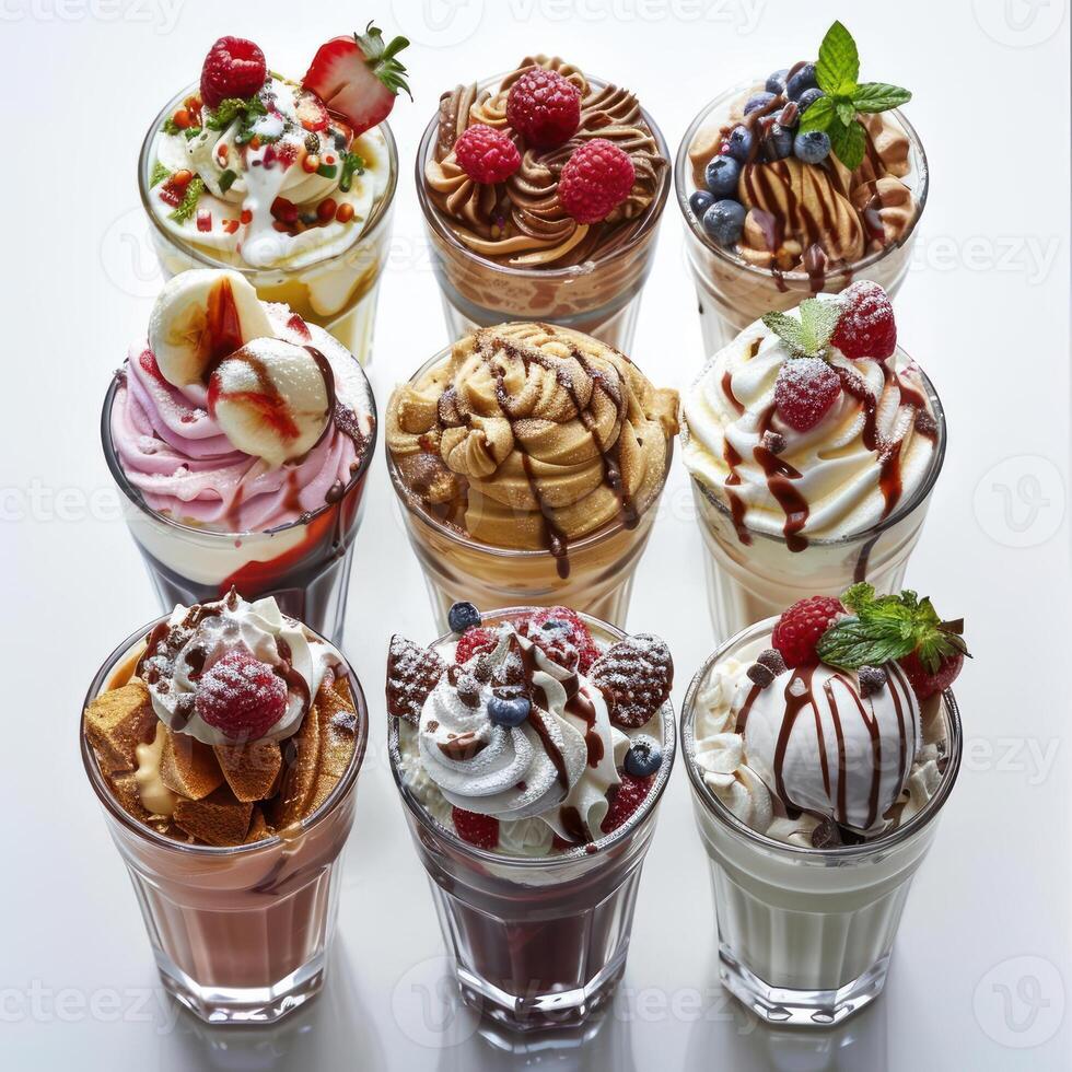 araffes of different kinds of desserts in glasses photo