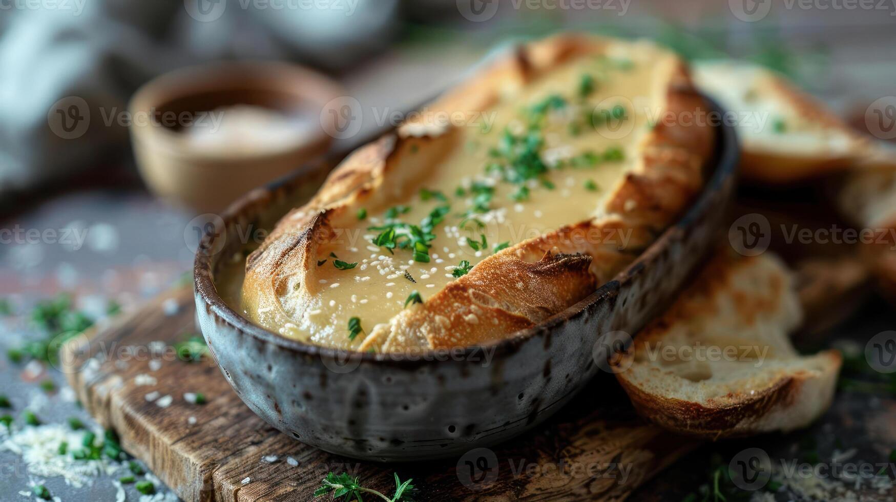 a bowl of soup with bread on a cutting board photo