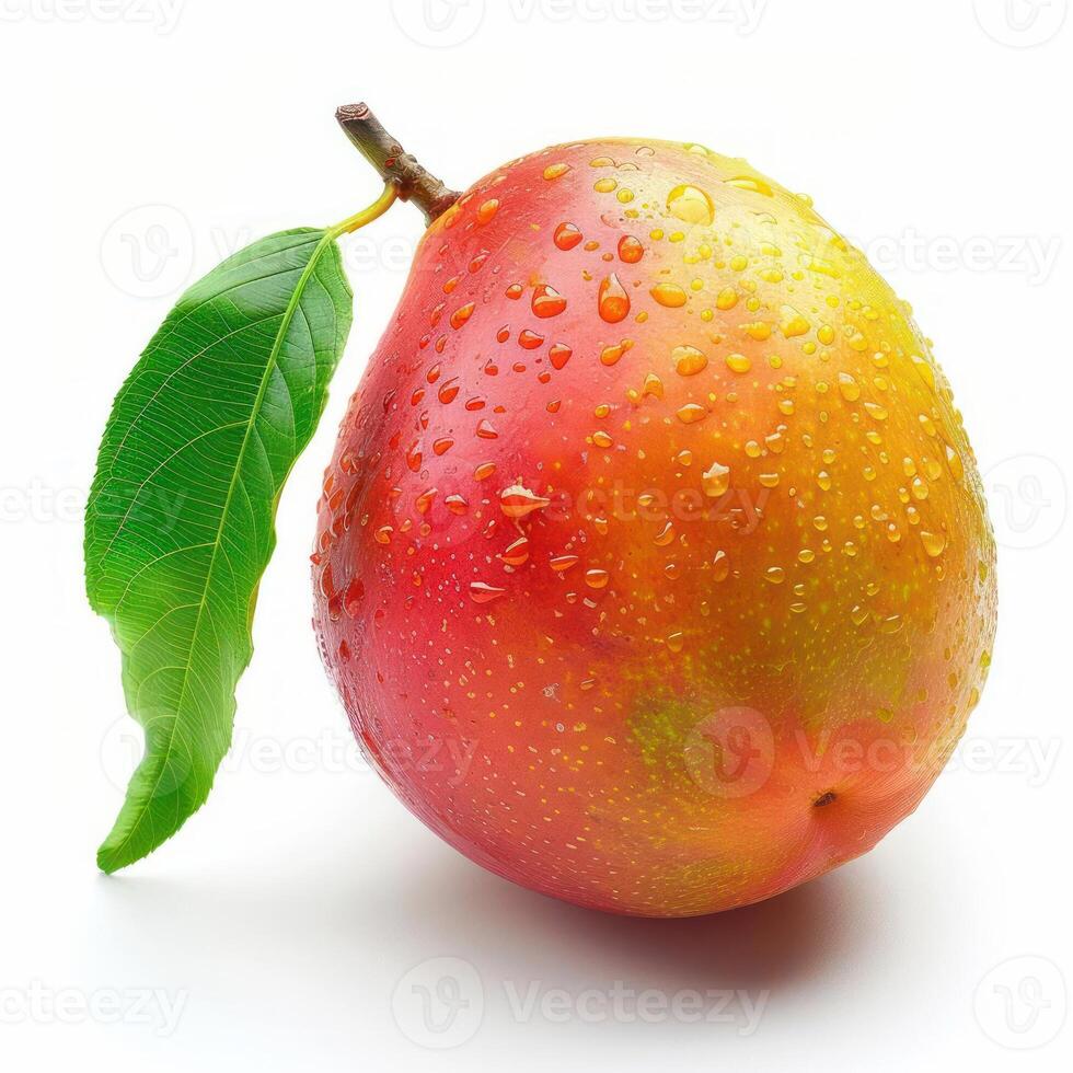 a mango with a leaf on it on a white surface photo