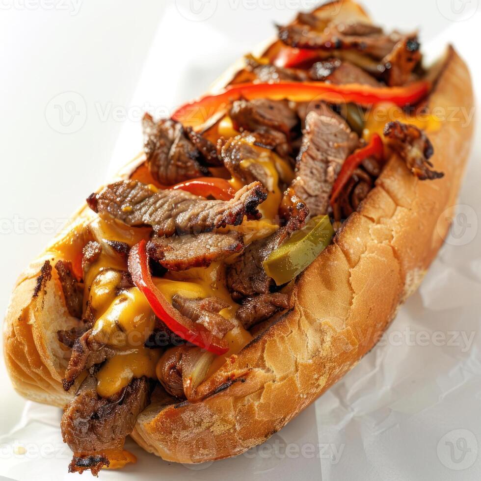 a sandwich with meat and peppers on it on a white photo