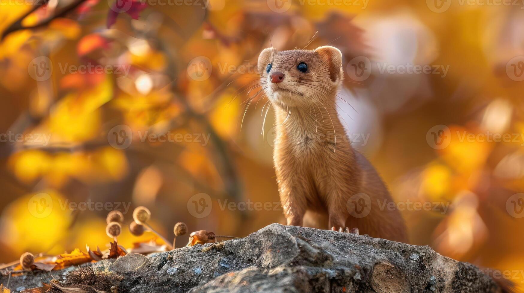 Weasel perched on rock in autumn foliage. photo