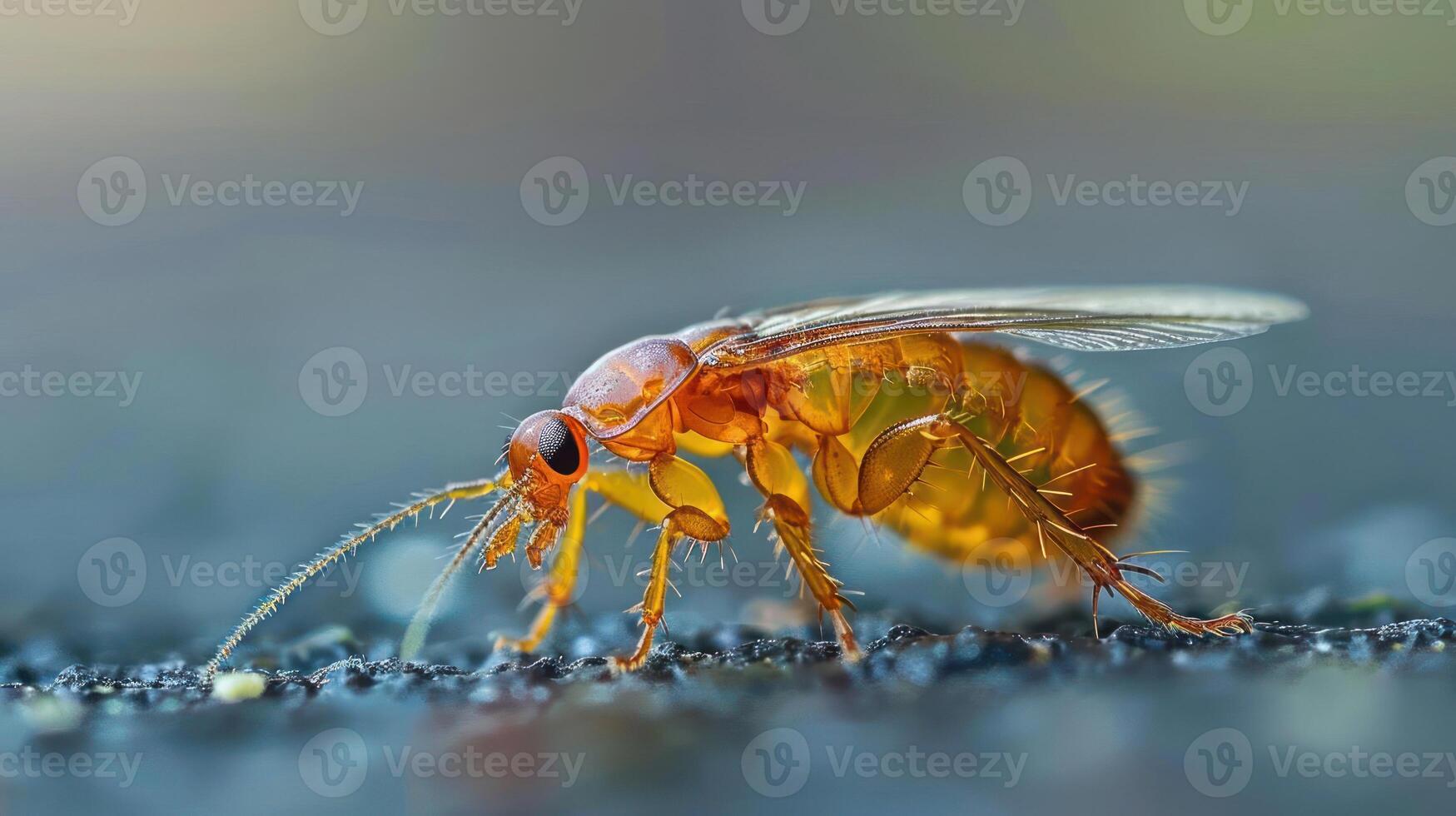 a close-up of an insect, possibly a bee or fly, with its antenna extended, photo