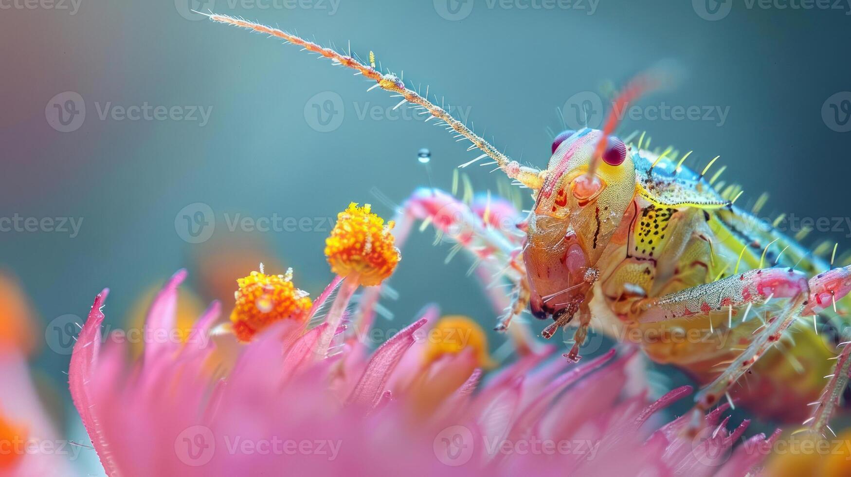 A close-up photo of a colorful insect with vibrant yellow wings, orange legs and antennae,