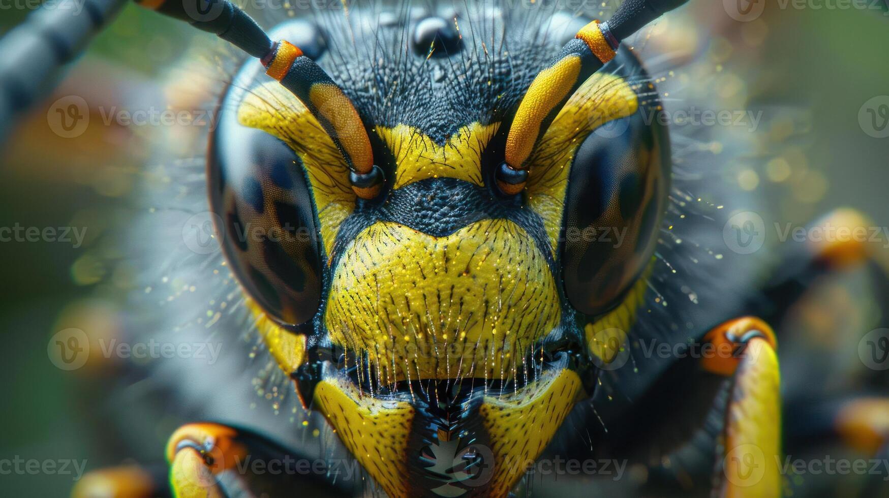 A vividly colored and detailed photo of a bee, focusing on its face.