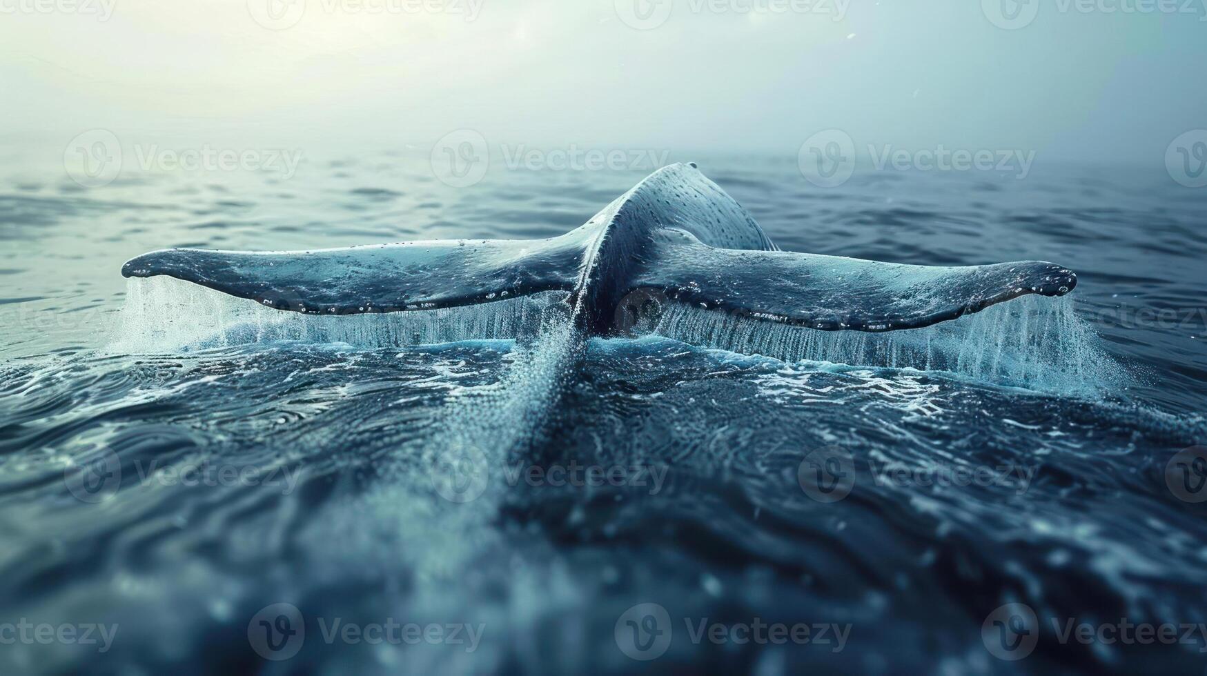 An orca whale leaps out of the ocean, leaving a splash trail behind it. photo