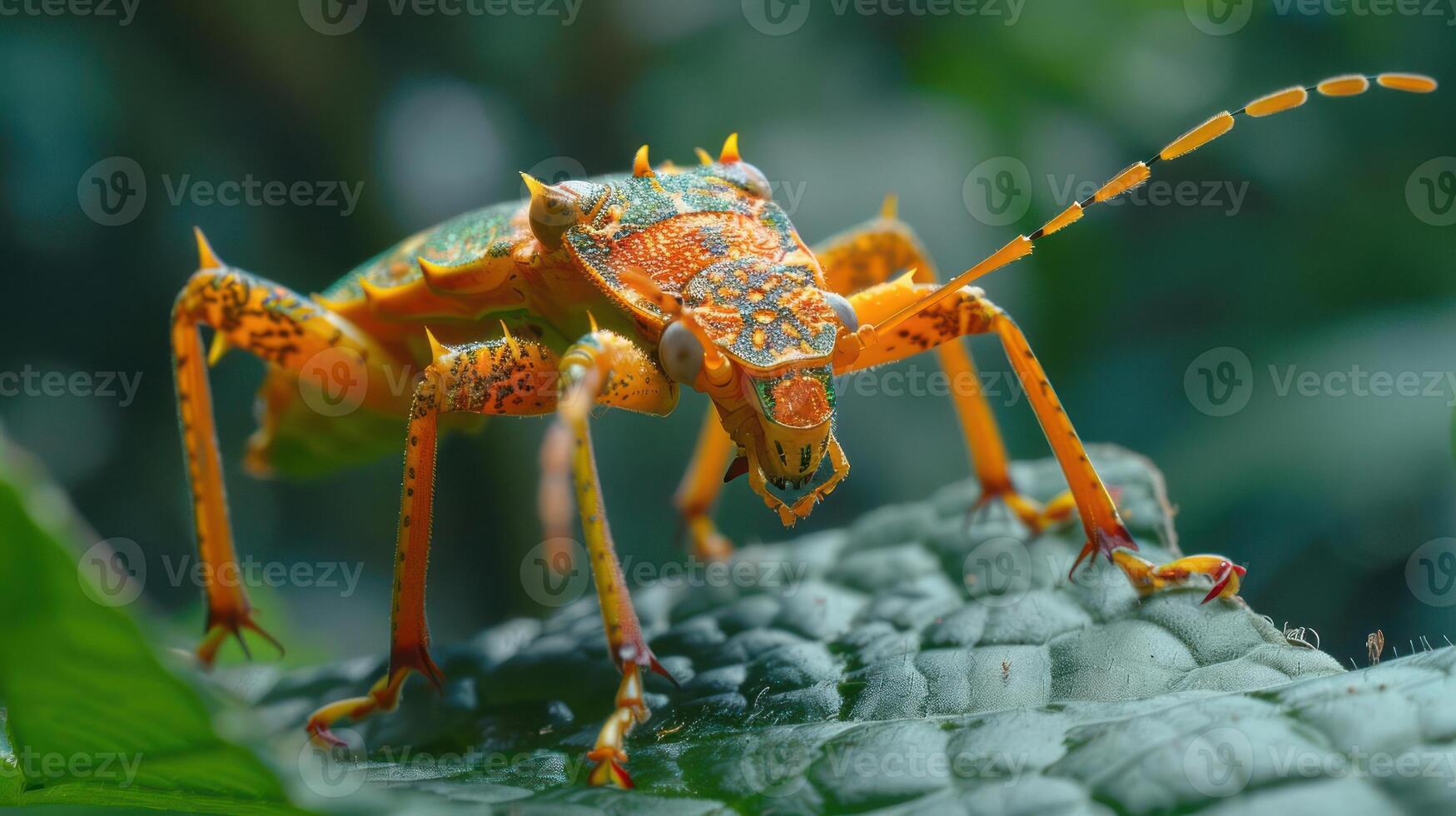 A vibrant green lobster with bright orange legs perched on top of a mossy leaf. photo