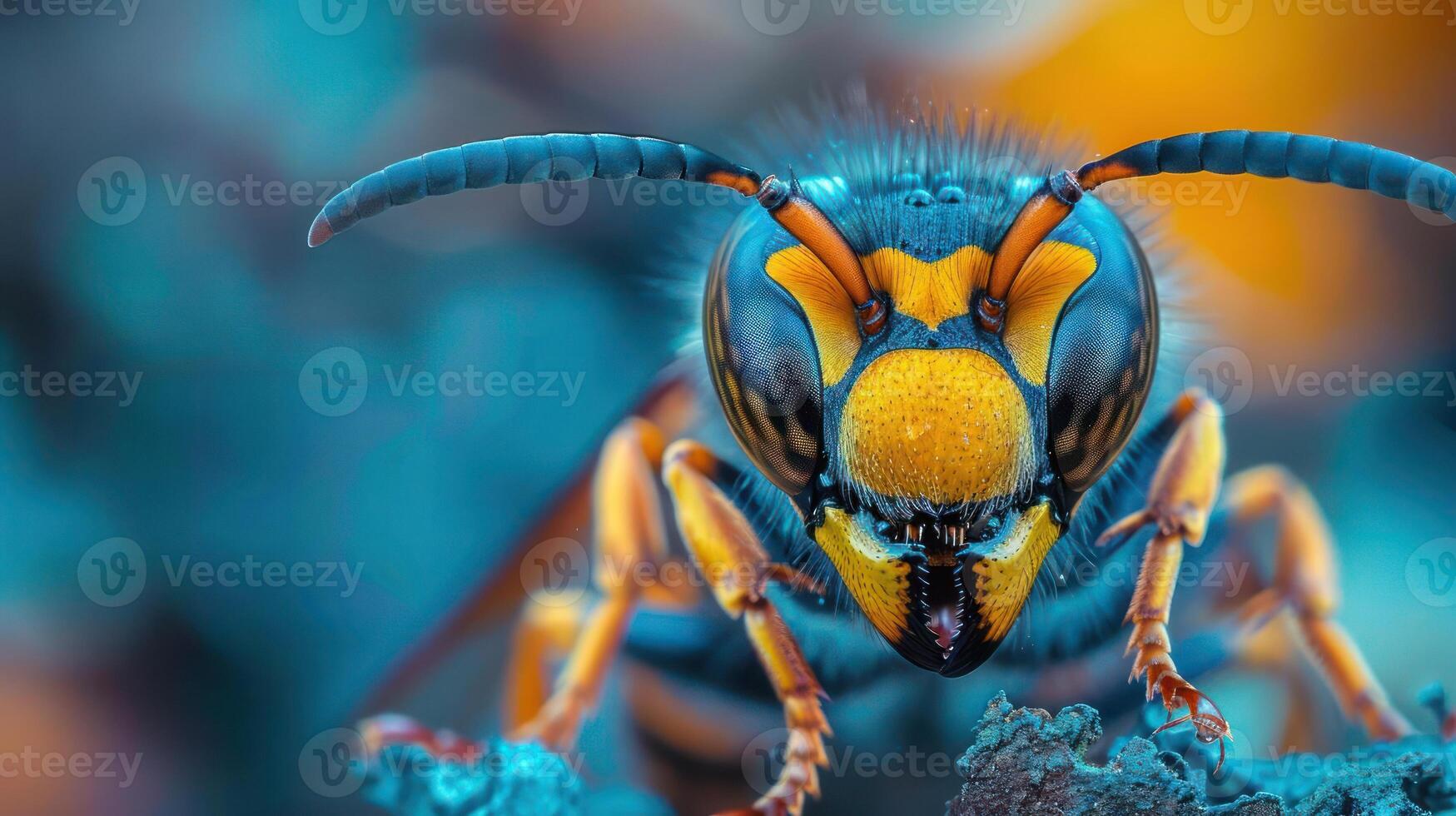 A close-up image of a bee with a prominent, large stinger on its head, photo
