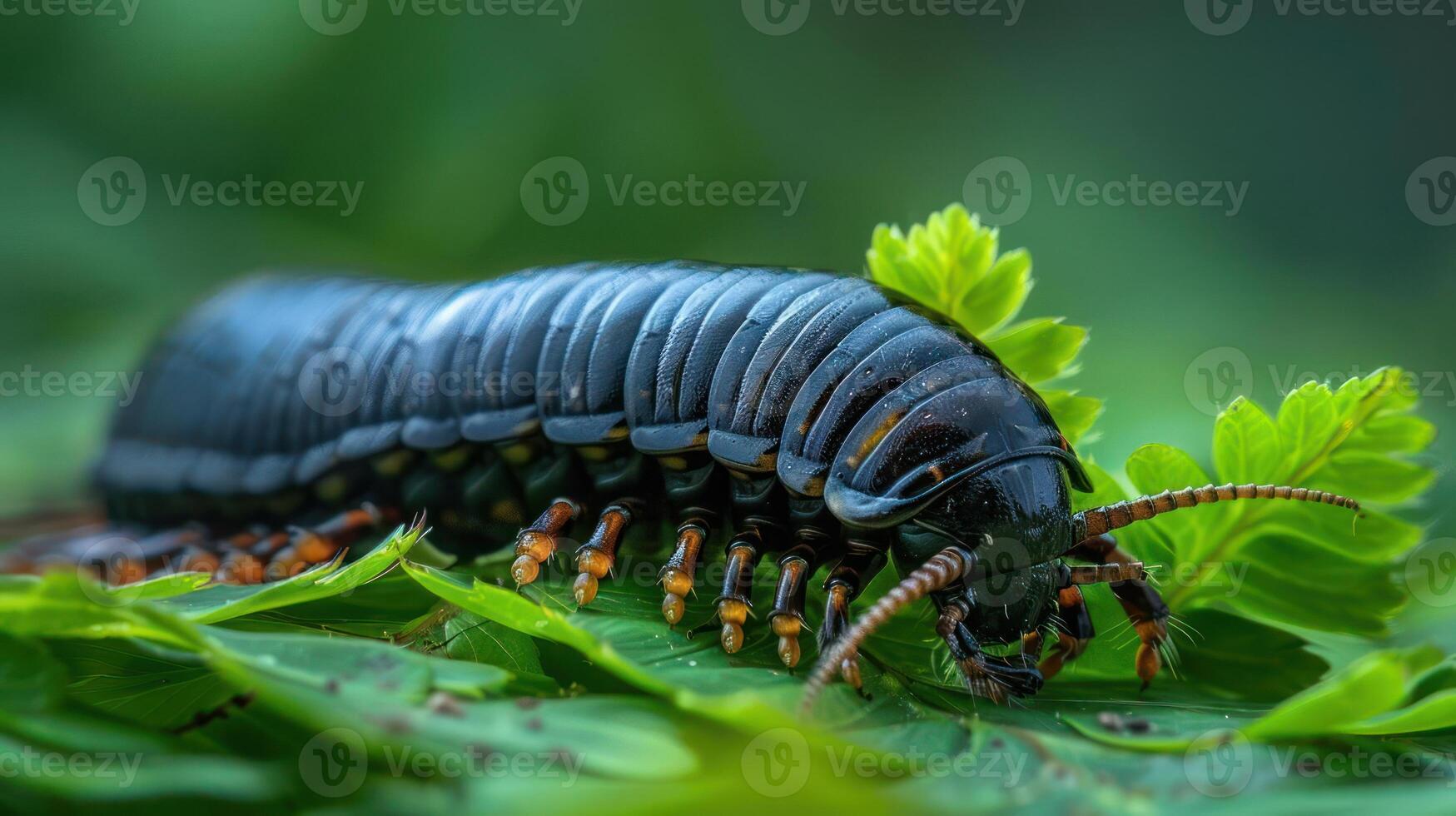 An insect with a vividly contrasting color pattern on a lush green leaf, captured in the wild. photo