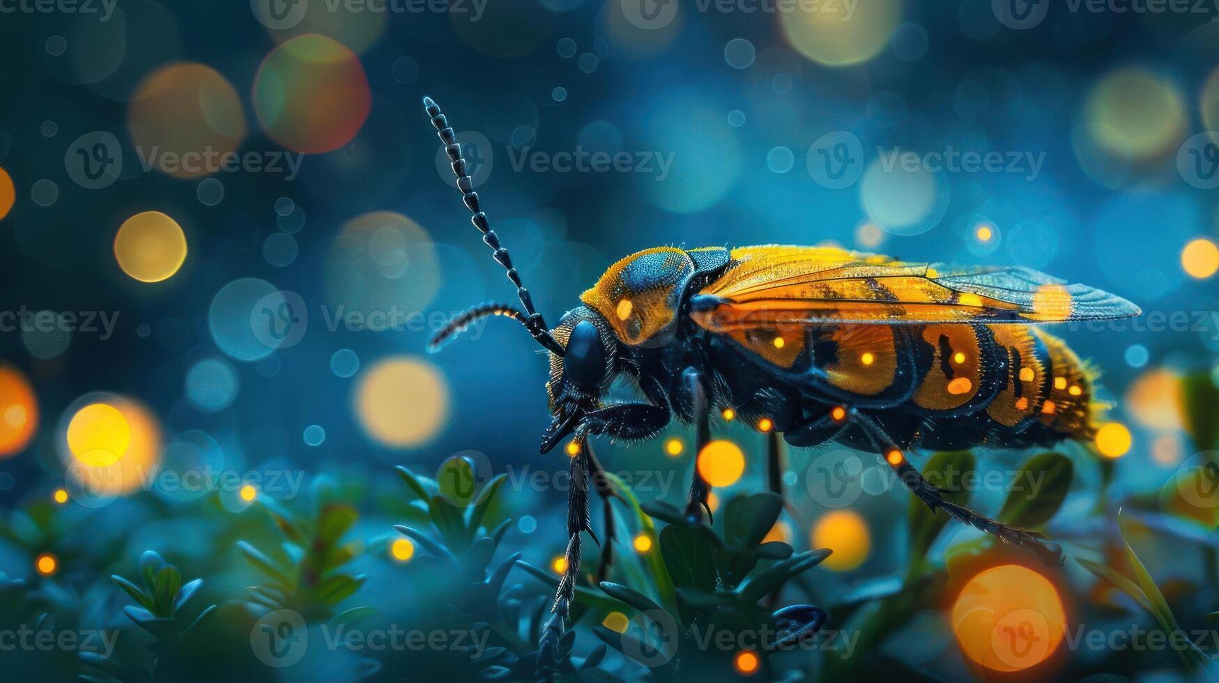 A vibrant yellow and black beetle illuminated by a soft glow of lights, photo
