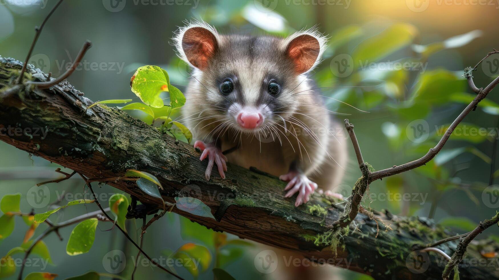 Adorable Australian ringtail possum with large eyes and fluffy fur perches on a branch, photo