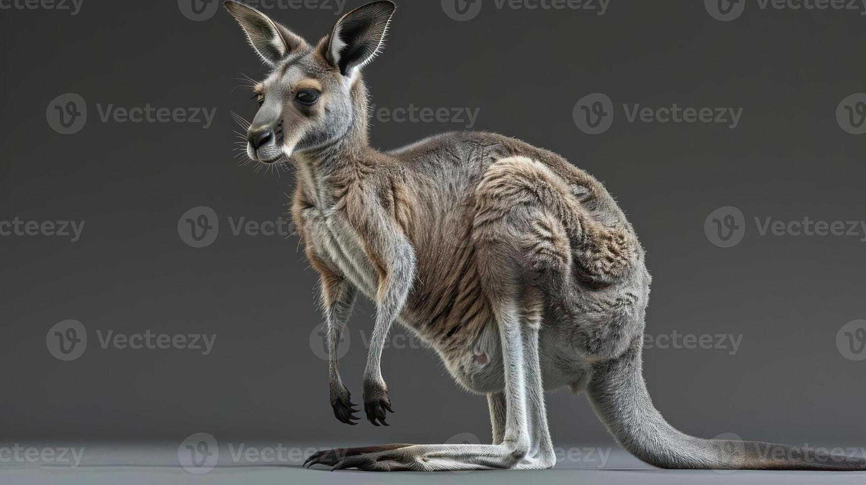 A koala is seen walking in the center of a gray background. photo