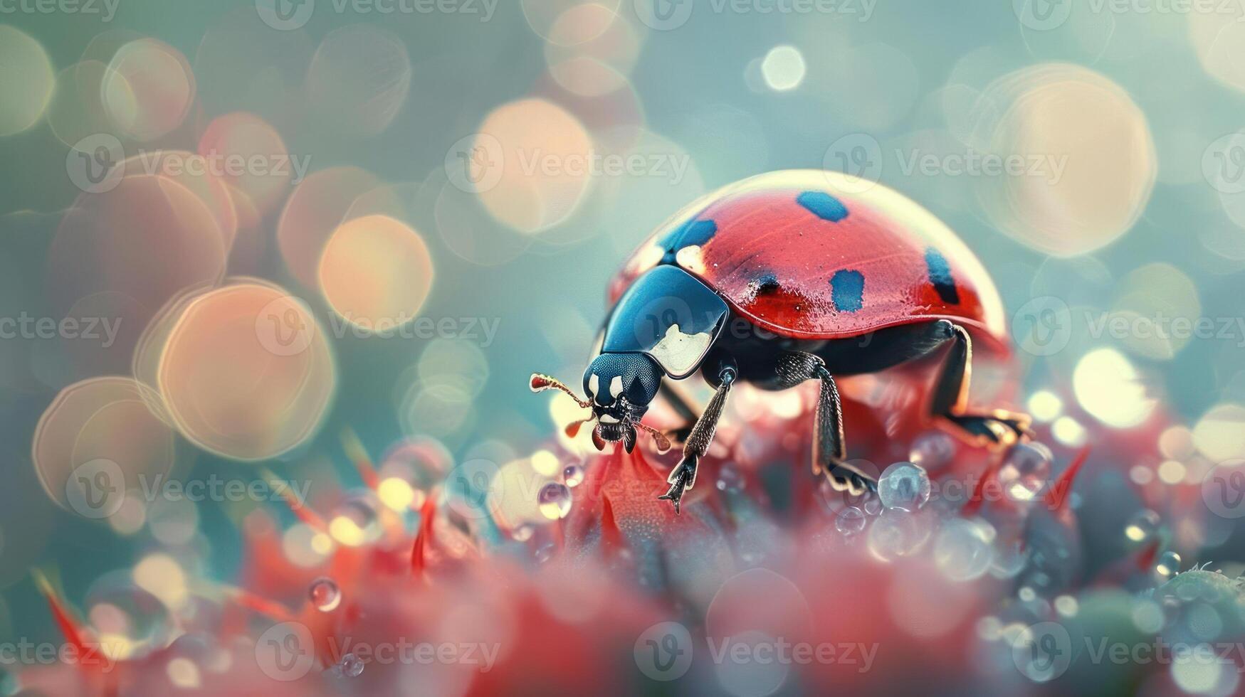 A vibrant closeup of a red ladybug on flowers with an adorable, brightly colored bokeh background. photo