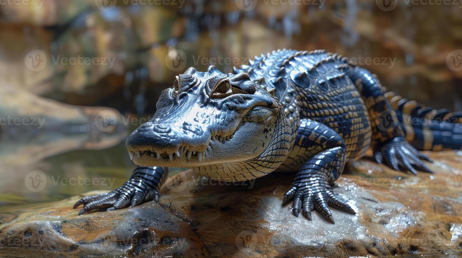 An alligator near a pool of water, possibly posing for a photo. photo
