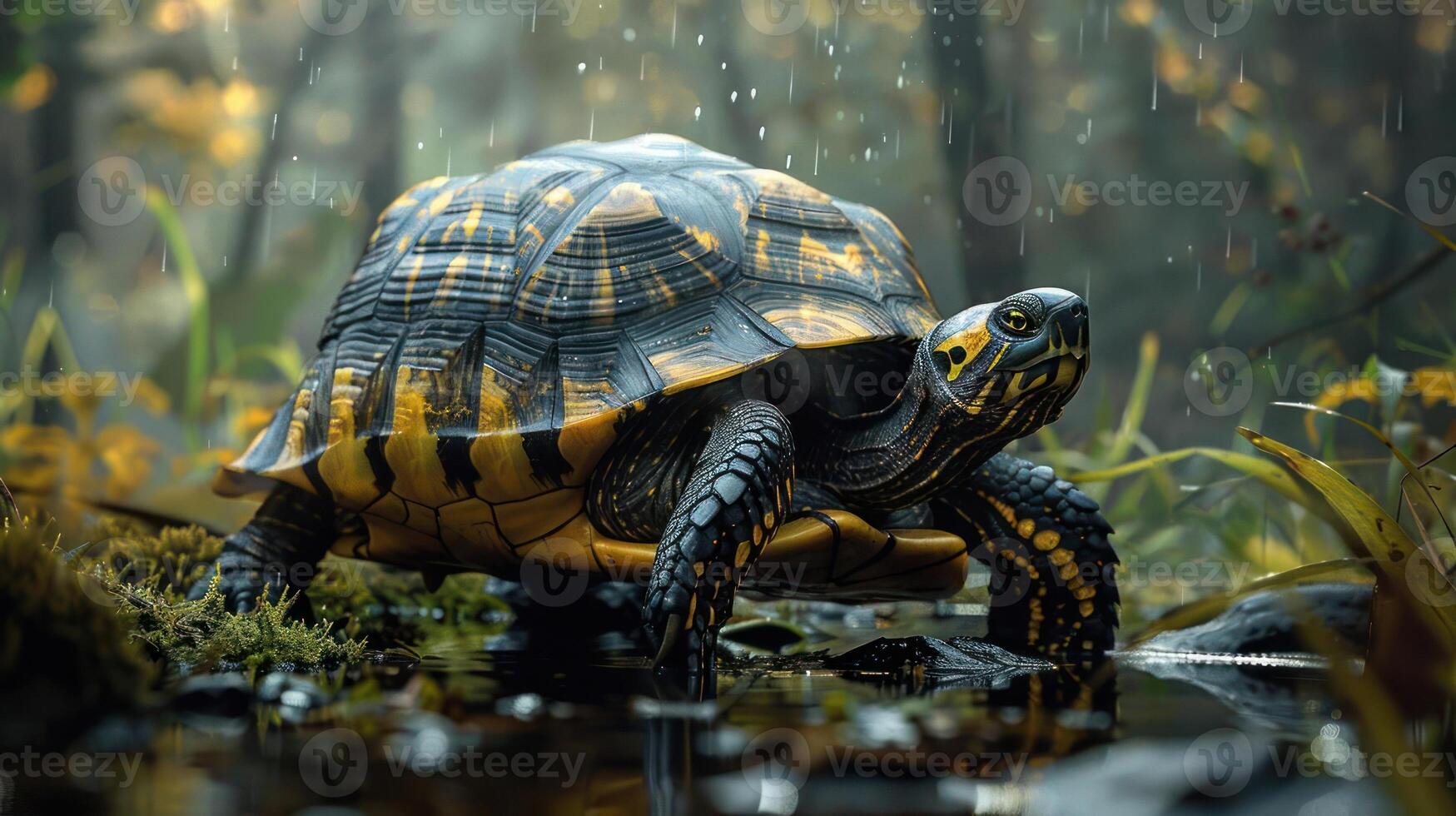 A turtle walking through the rain in a forest with rainbow colors and droplets on its shell. photo