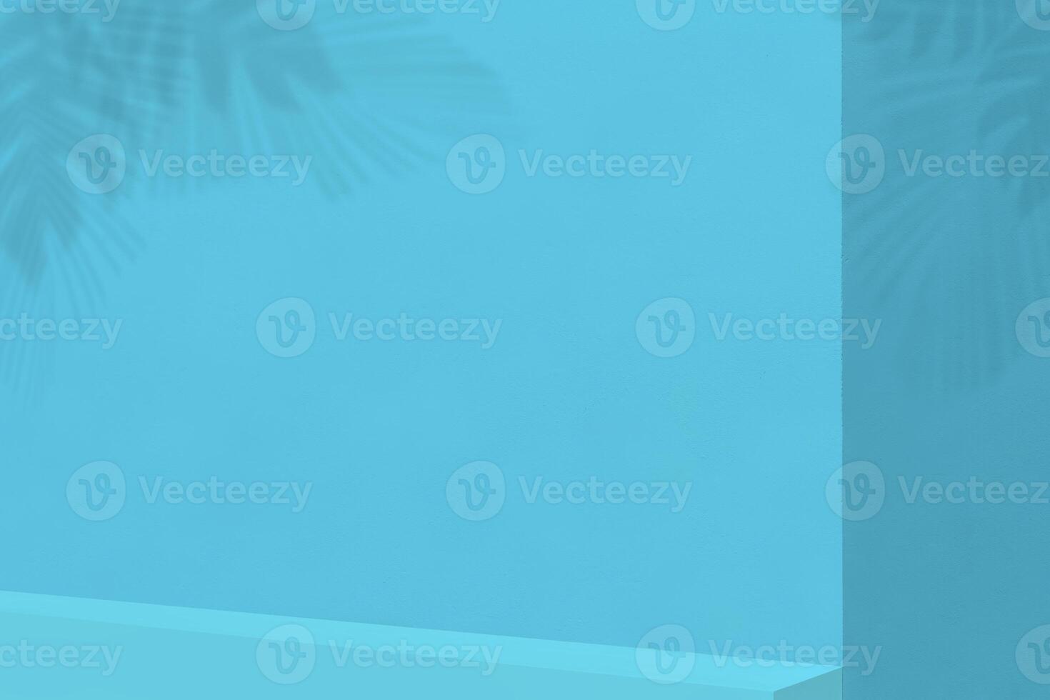 Empty shelf on blue wall background. Composition with monstera leaves shadow on blank wall for advertising, mock up for presentation photo
