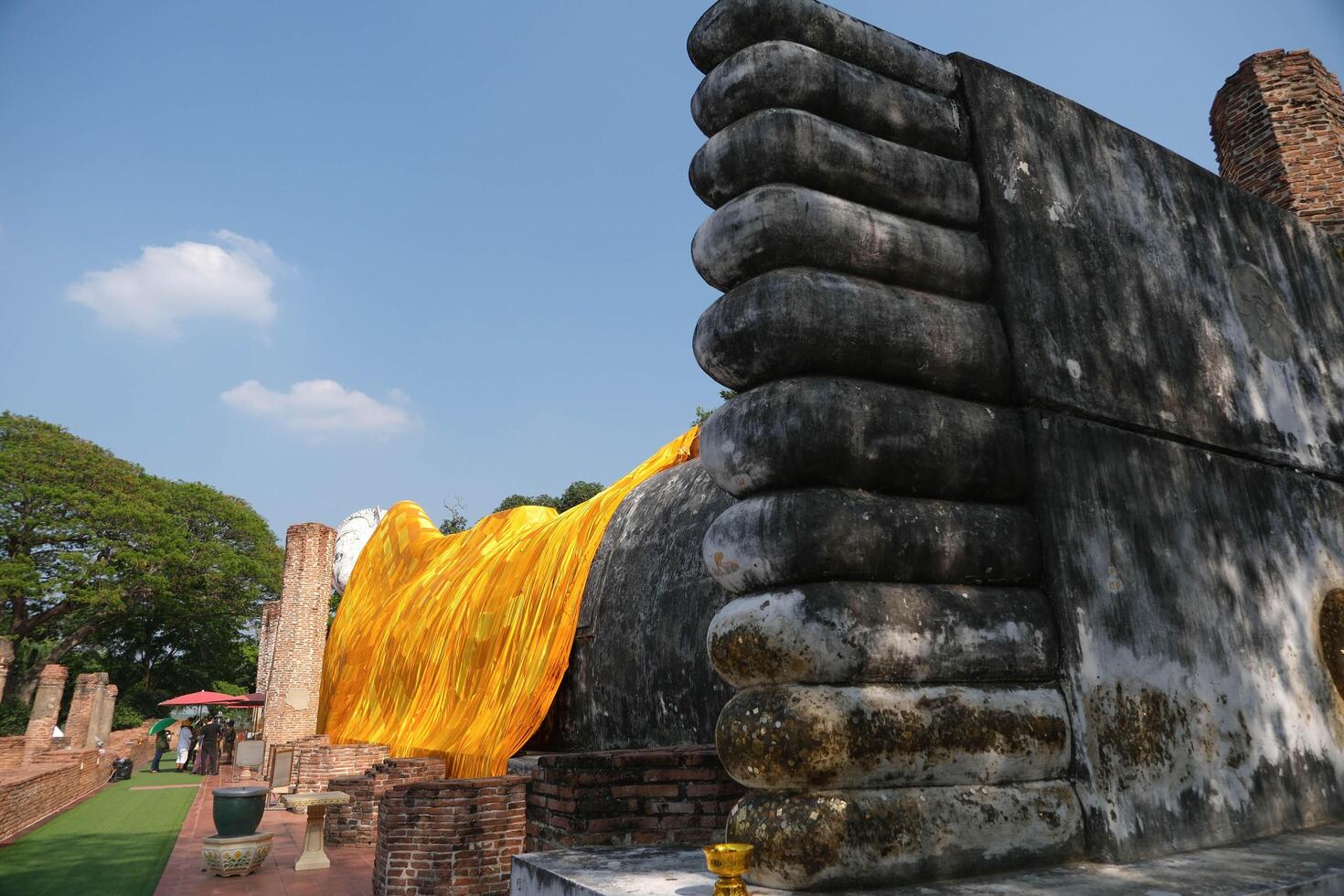 The big feet of Phra Si Mueang Thong, the reclining Buddha image of Wat Khun Inthapramun for pray of healthy. photo