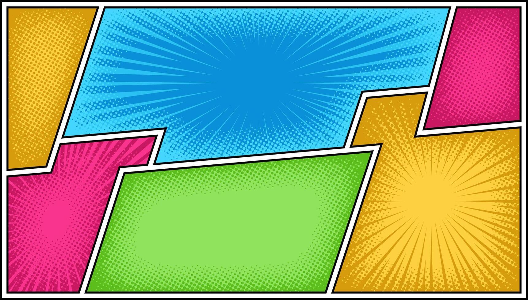 Colorfull comic cartoon panel background template with rays and halftone effect vector