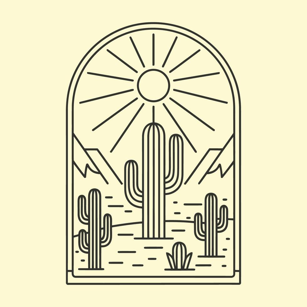 Sunny Desert Scene with Cacti and Mountains Line Art Illustration vector