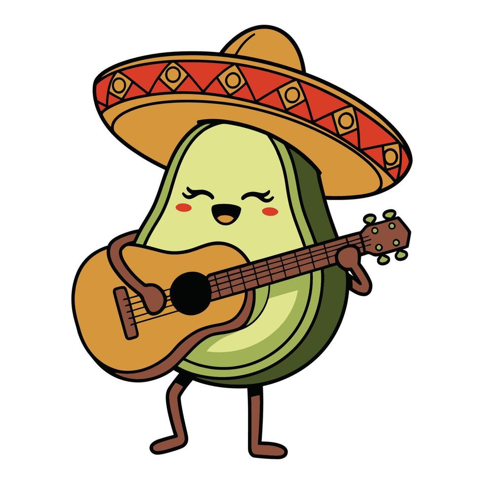 Avocado in sombrero plays guitar cartoon illustration vector