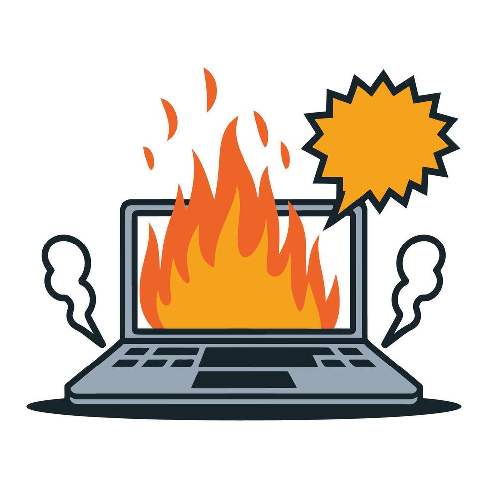 Overheated laptop with flames and heat illustration vector