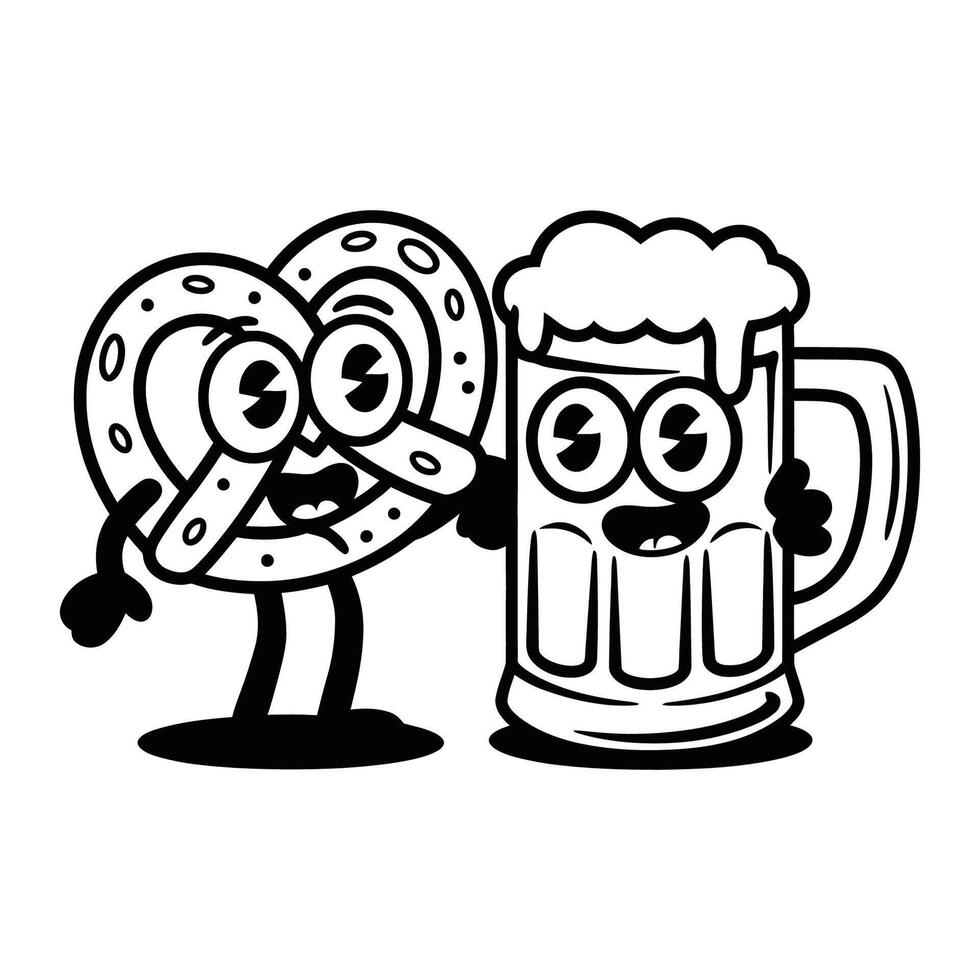 Happy pretzel and beer mug cartoon illustration vector