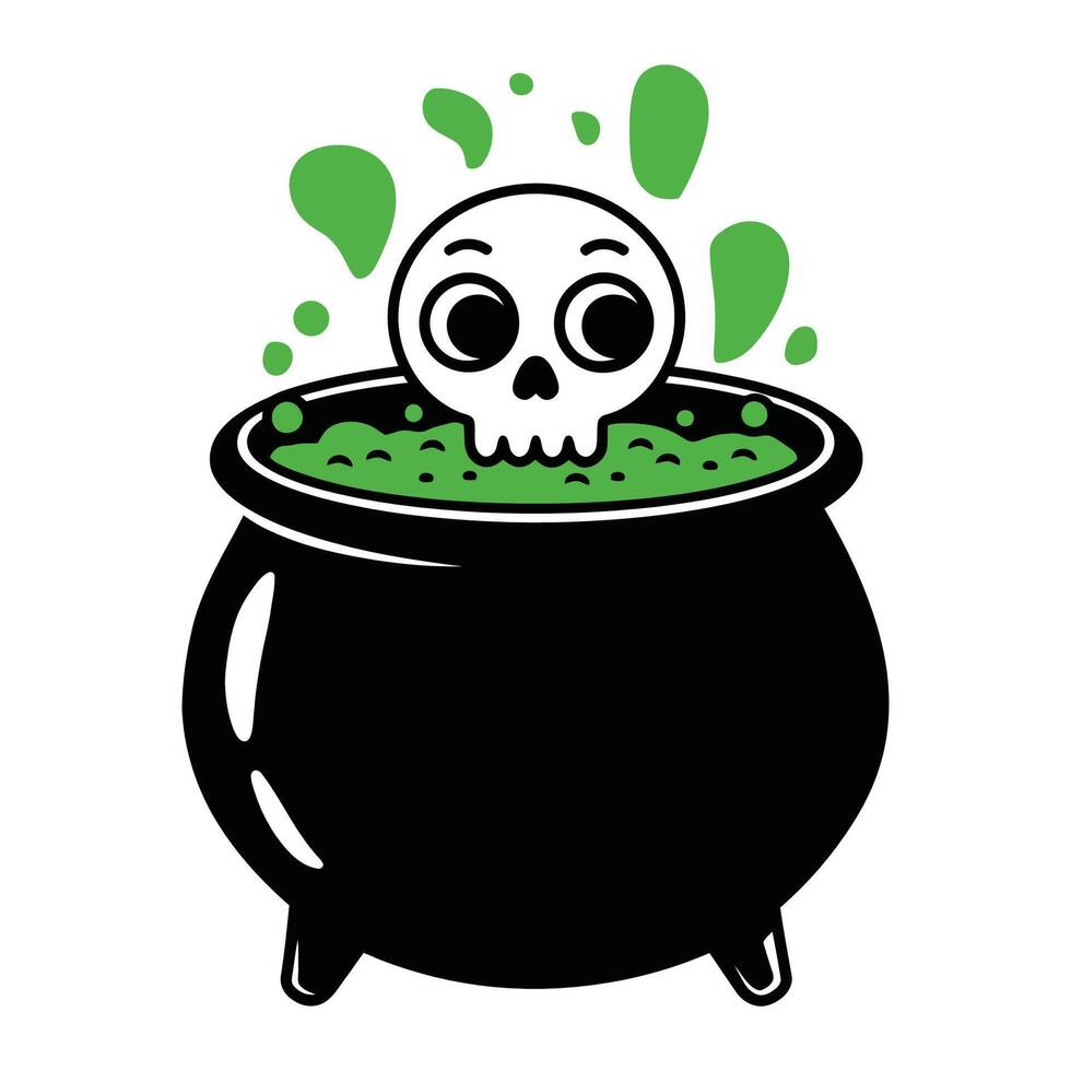 Spooky cauldron with bubbling green potion and skull illustration vector