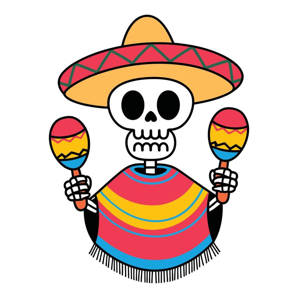 Cartoon Skeleton with Sombrero and Playing Maracas Illustration vector