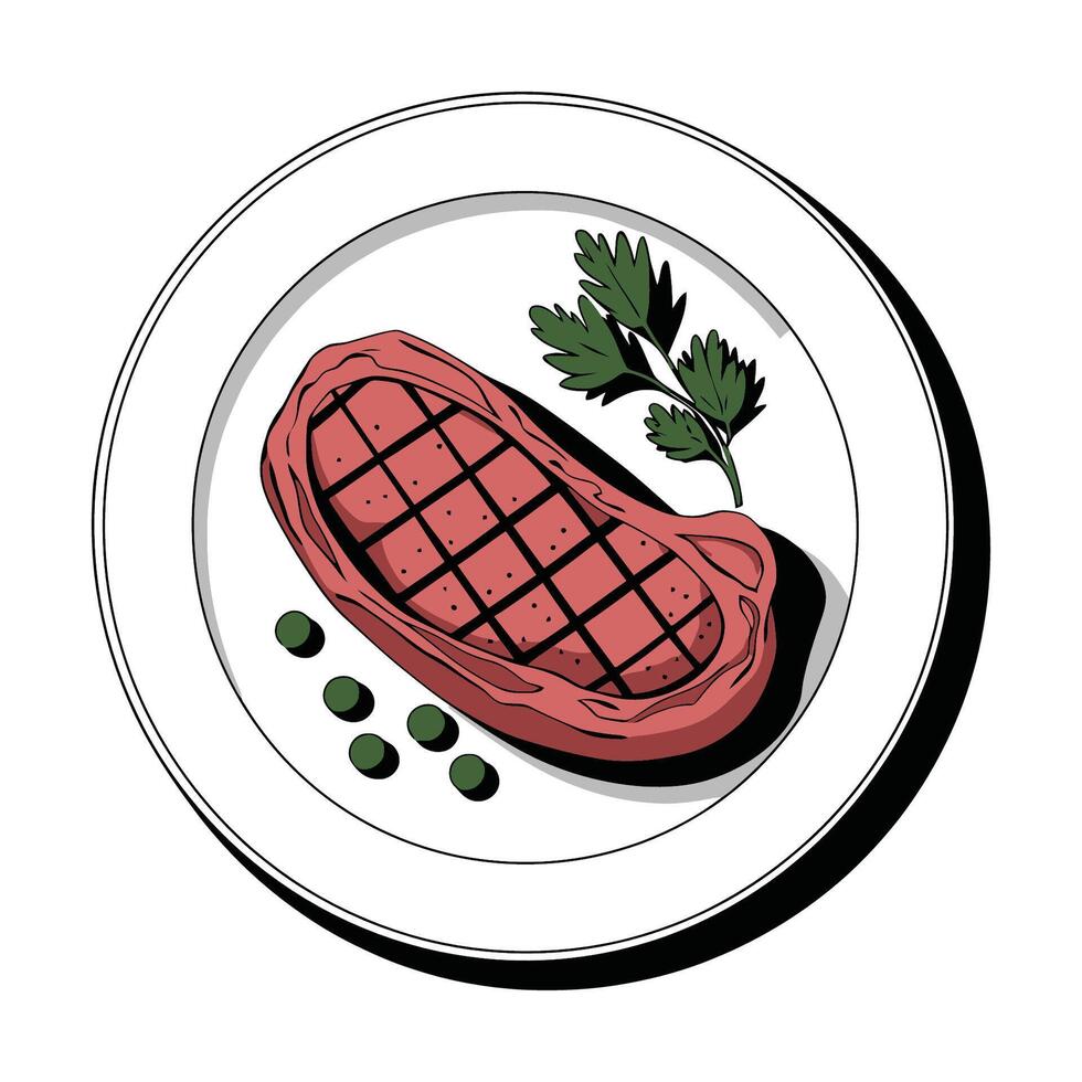 Grilled steak on plate with parsley and peas illustration vector