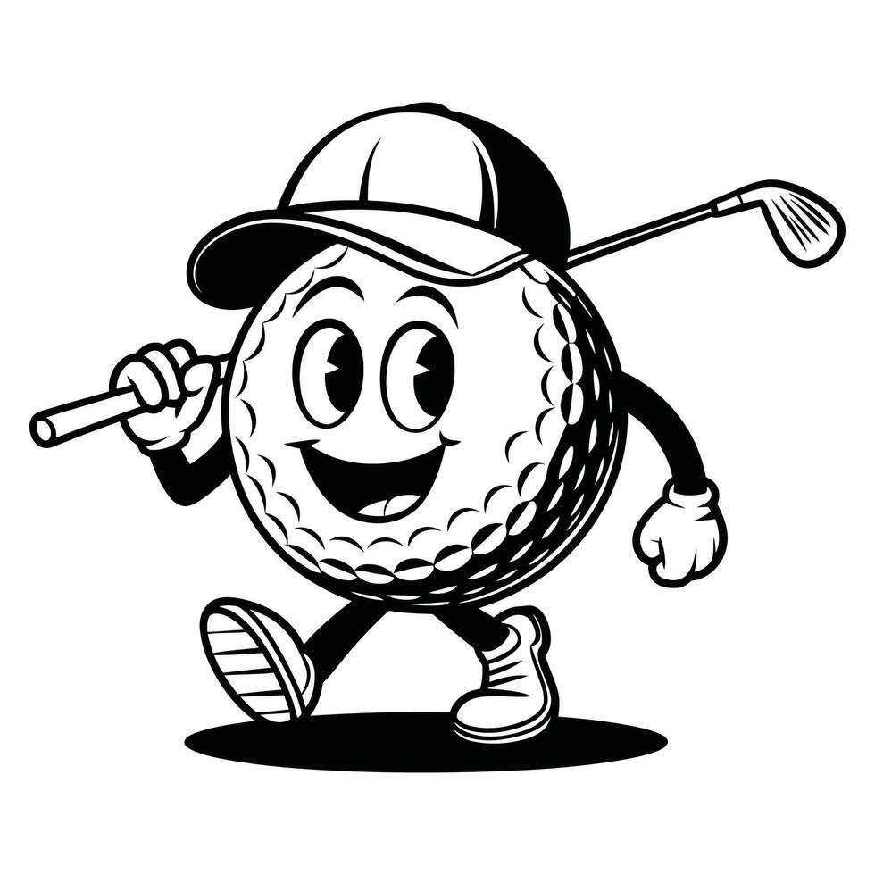 Golf ball cartoon character with hat and club illustration vector